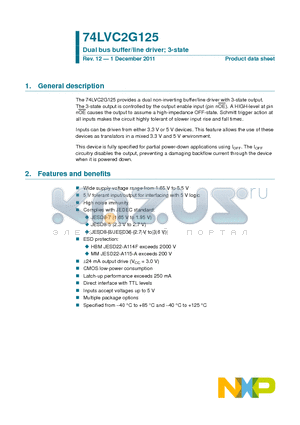 74LVC2G125GN datasheet - Dual bus buffer/line driver; 3-state