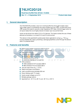 74LVC2G125GN datasheet - Dual bus buffer/line driver; 3-state