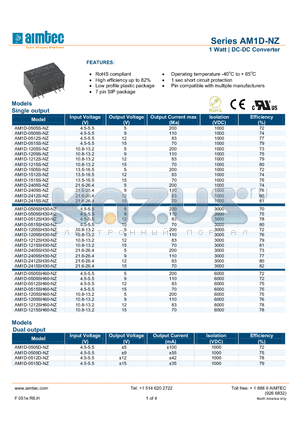 AM1D-0505SH30-NZ datasheet - 1 Watt | DC-DC Converter