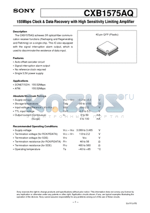 CXB1575AQ datasheet - 155Mbps Clock & Data Recovery with High Sensitivity Limiting Amplifier