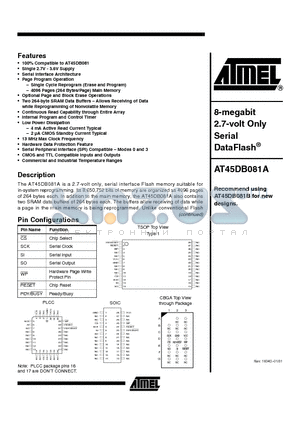 AT45DB081A-JC datasheet - 8-megabit 2.7-volt Only Serial DataFlash