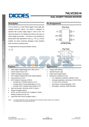 74LVC2G14DW-7 datasheet - DUAL SCHMITT TRIGGER INVERTER