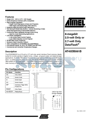 AT45DB081B-CC-2.5 datasheet - 8-megabit 2.5-volt Only or 2.7-volt Only DataFlash