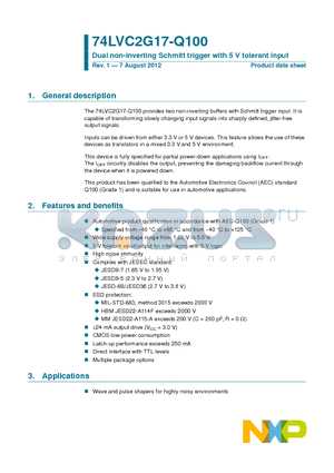 74LVC2G17-Q100 datasheet - Dual non-inverting Schmitt trigger with 5 V tolerant input