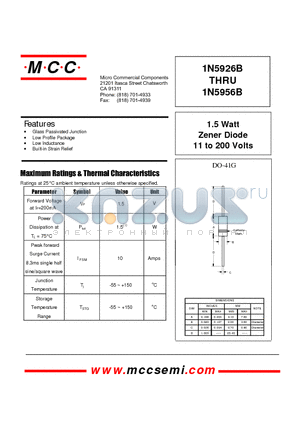 1N5927B datasheet - 1.5 Watt Zener Diode 11 to 200 Volts