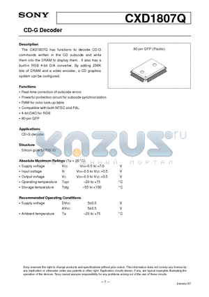 CXD1807Q datasheet - CD-G Decoder