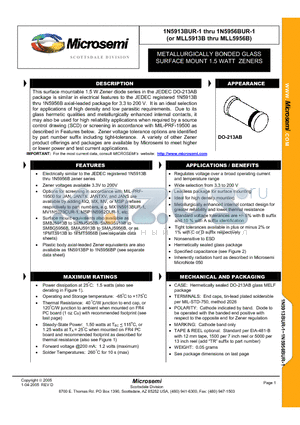 1N5928BUR-1 datasheet - METALLURGICALLY BONDED GLASS SURFACE MOUNT 1.5 WATT ZENERS