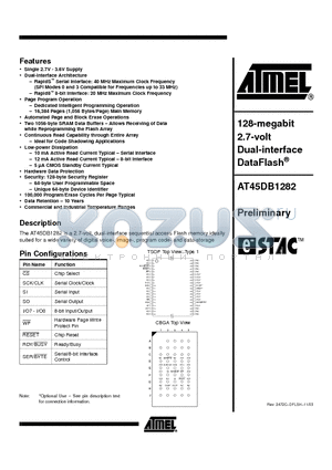 AT45DB1282-TC datasheet - 128-megabit 2.7-volt Dual-interface DataFlash