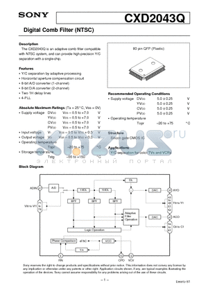 CXD2043Q datasheet - Digital Comb Filter (NTSC)
