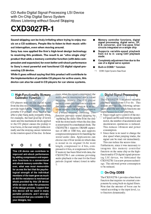 CXD3027 datasheet - CD Audio Digital Signal-Processing LSI Device with On-Chip Digital Servo System Allows Listening without Sound Skipping