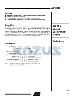 AT48810 datasheet - 900 MHz Spread- Spectrum RF Module