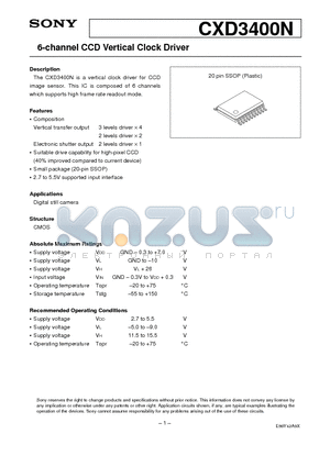 CXD3400N datasheet - 6-channel CCD Vertical Clock Driver