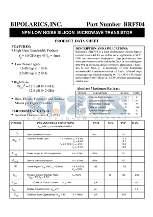 BRF504 datasheet - NPN LOW NOISE SILICON MICROWAVE TRANSISTOR
