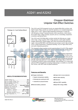 A3241ELHLT-T datasheet - Chopper-Stabilized Unipolar Hall-Effect Switches