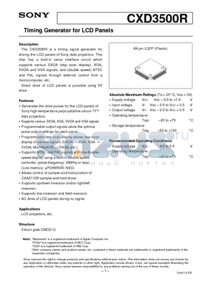 CXD3500R datasheet - Timing Generator for LCD Panels