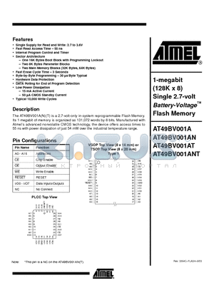 AT49BV001ANT-55JI datasheet - 1-megabit (128K x 8) Single 2.7-volt Battery-Voltage Flash Memory