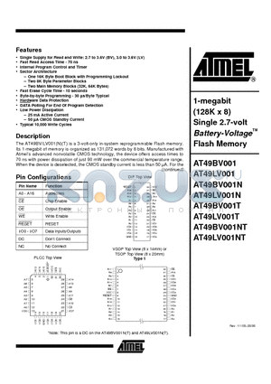 AT49BV001N datasheet - 1-megabit (128K x 8) Single 2.7-volt Battery-Voltage Flash Memory