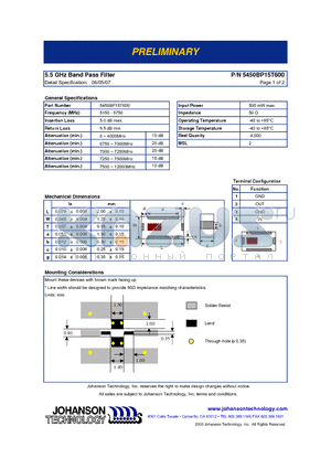 5450BP15T600 datasheet - 5.5 GHz Band Pass Filter