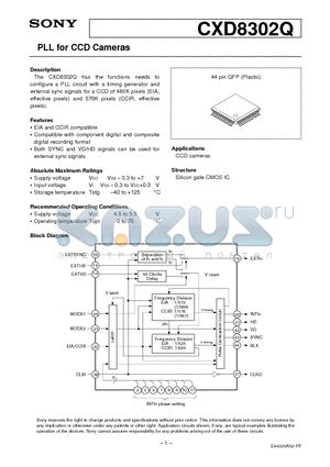 CXD8302Q datasheet - PLL for CCD Cameras