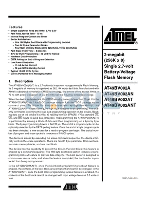 AT49BV002AN datasheet - 2-megabit (256K x 8) Single 2.7-volt Battery-Voltage Flash Memory