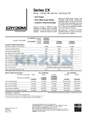 CXE480D5 datasheet - 5Amp  120/240, 380, 480 Vac  AC Output SIP