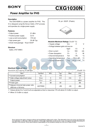 CXG1030N datasheet - Power Amplifier for PHS