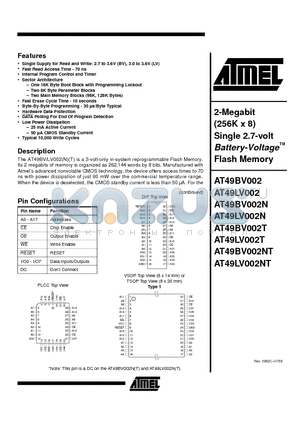 AT49BV002T datasheet - 2-Megabit (256K x 8) Single 2.7-volt Battery-Voltage Flash Memory