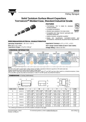 293D6841035A2 datasheet - Solid Tantalum Surface Mount Capacitors TANTAMOUNT^ Molded Case, Standard Industrial Grade