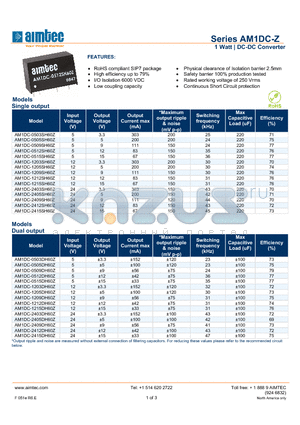 AM1DC-1215DH60Z datasheet - 1 Watt | DC-DC Converter