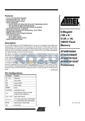 AT49BV008AT datasheet - 8-Megabit 1M x 8/ 512K x 16 CMOS Flash Memory