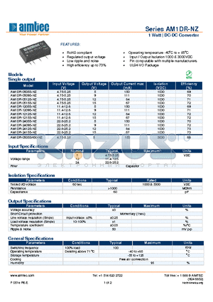 AM1DR-0515S-NZ datasheet - 1 Watt | DC-DC Converter