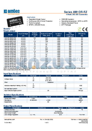 AM1DR-1205S-RZ datasheet - 1 Watt | DC-DC Converter