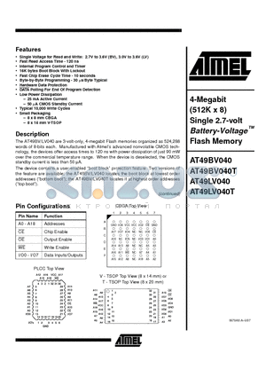 AT49BV040-15JI datasheet - 4-Megabit 512K x 8 Single 2.7-volt Battery-Voltage Flash Memory