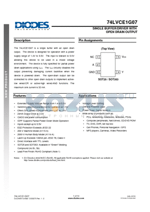 74LVCE1G07 datasheet - SINGLE BUFFER/DRIVER WITH OPEN DRAIN OUTPUT