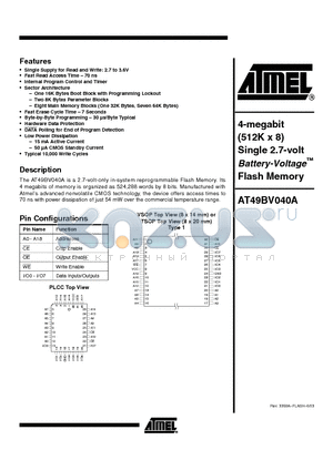 AT49BV040A-70JI datasheet - 4-megabit (512K x 8) Single 2.7-volt Battery-Voltage Flash Memory