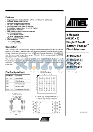 AT49BV040T-15JI datasheet - 4-Megabit 512K x 8 Single 2.7-volt Battery-Voltage Flash Memory