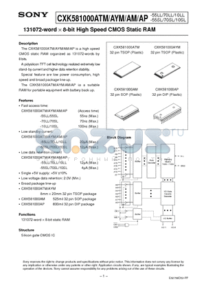CXK581000AP datasheet - 131072-word x 8-bit High Speed CMOS Static RAM