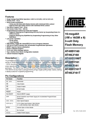 AT49BV160-90CI datasheet - 16-megabit (1M x 16/2M x 8) 3-volt Only Flash Memory