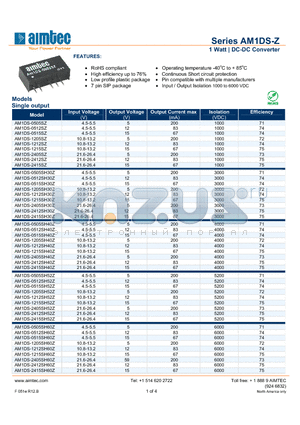 AM1DS-0505SZ datasheet - 1 Watt | DC-DC Converter