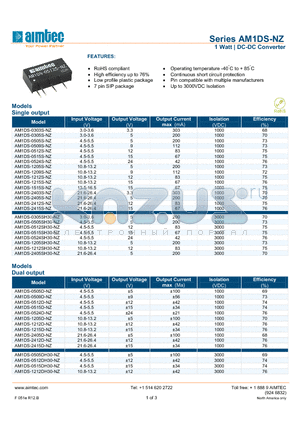 AM1DS-0512DH30-NZ datasheet - 1 Watt | DC-DC Converter