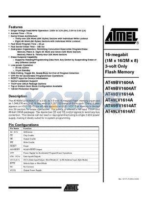 AT49BV1604A-70TI datasheet - 16-megabit 1M x 16/2M x 8 3-volt Only Flash Memory