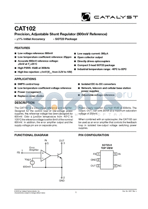 CAT102EUK-TE7 datasheet - Precision, Adjustable Shunt Regulator (600mV Reference)