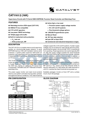 CAT1161J-25TE13 datasheet - Supervisory Circuits with I2C Serial CMOS EEPROM, Precision Reset Controller and Watchdog Timer