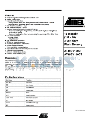 AT49BV160CT-70CI datasheet - 16-megabit (1M x 16) 3-volt Only Flash Memory