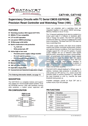 CAT1161LI-25-T3 datasheet - Supervisory Circuits with I2C Serial CMOS EEPROM, Precision Reset Controller and Watchdog Timer (16K)
