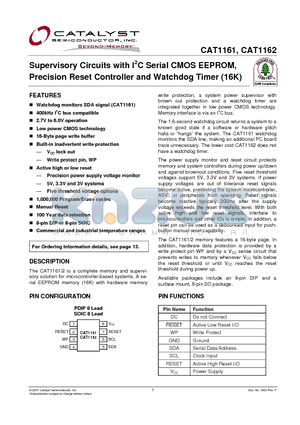 CAT1161LI-25T2 datasheet - Supervisory Circuits with I2C Serial CMOS EEPROM, Precision Reset Controller and Watchdog Timer