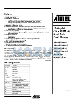 AT49BV1614-12TI datasheet - 16-Megabit 1M x 16/2M x 8 3-volt Only Flash Memory