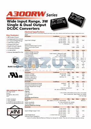 A334RW datasheet - Wide Input Range, 3W Single & Dual Output DC/DC Converters