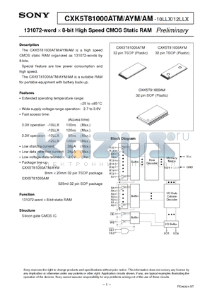 CXK5T81000ATM-10LLX datasheet - 131072-word x 8-bit High Speed CMOS Static RAM