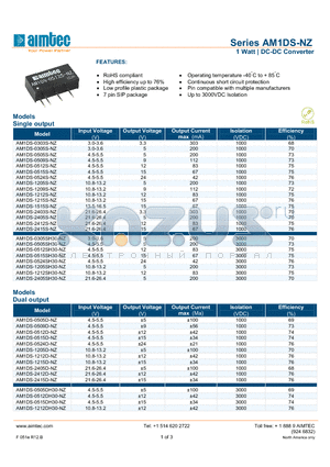 AM1DS-2405DH30-NZ datasheet - 1 Watt | DC-DC Converter